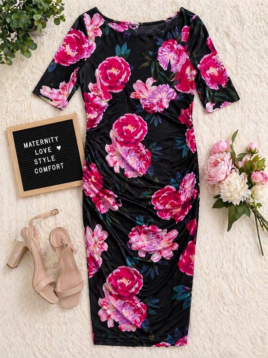 ASOS Dresses & Skirts - ASOS Maternity Floral Bodycon Midi Dress Size 4 Black Pink Rose Print Stretch